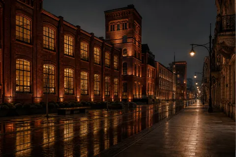 Łódź red-brick industrial architecture at night
