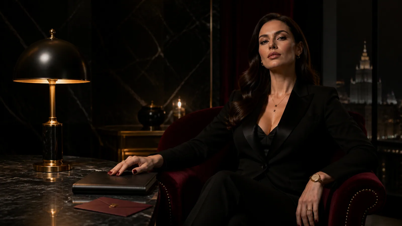 Pewna siebie Findomme w eleganckim, ciemnym wnętrzu