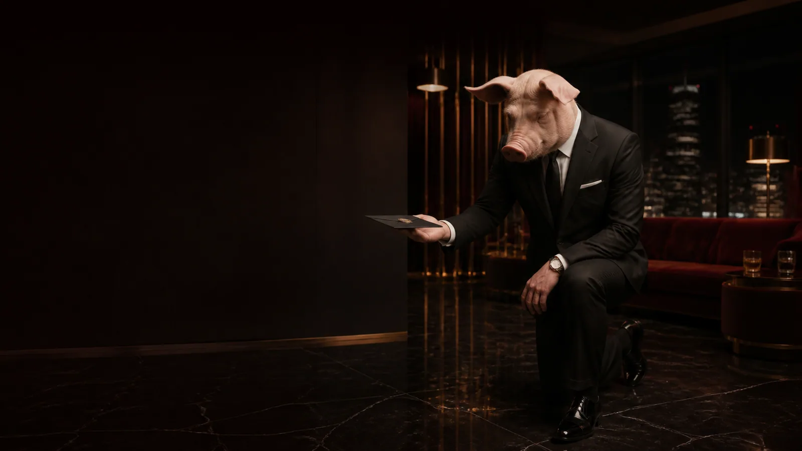 Zamożny Paypig w eleganckim garniturze, klęczący z kopertą tribute